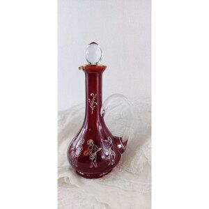Ruby Rea Glass Decanter Cruet VTG MCM 8.5" Cherubs Playing Instruments HandBlown